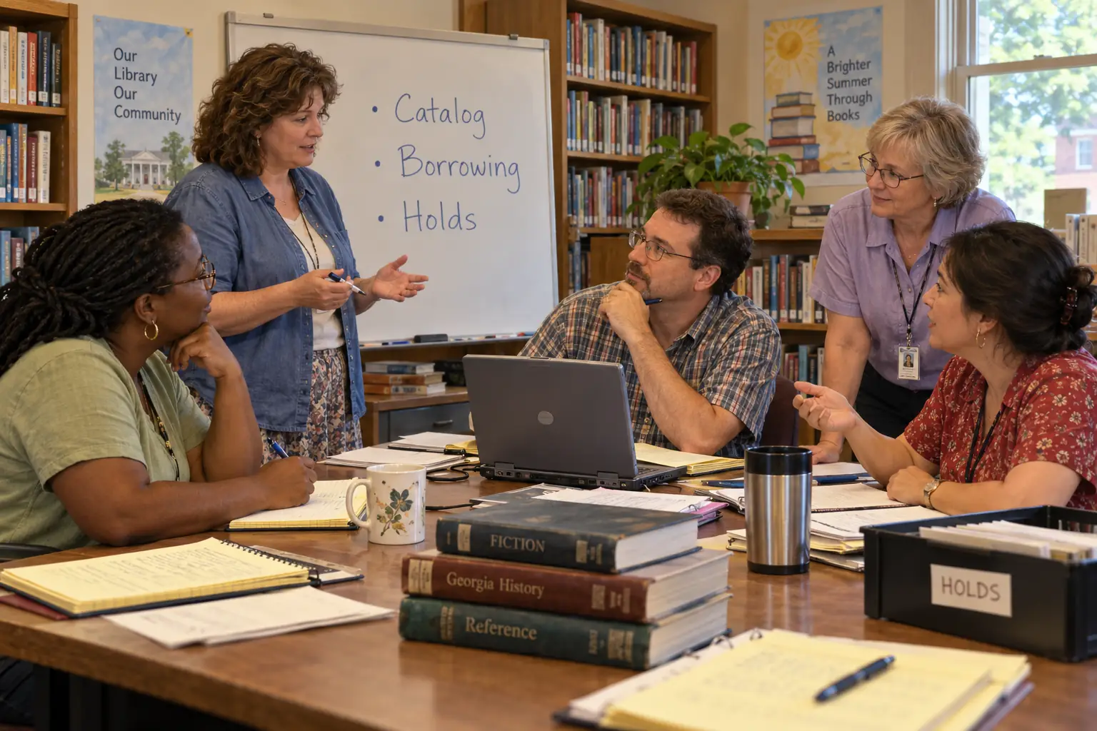 Fictional Georgia public library meeting table with librarians discussing borrowing and catalog needs