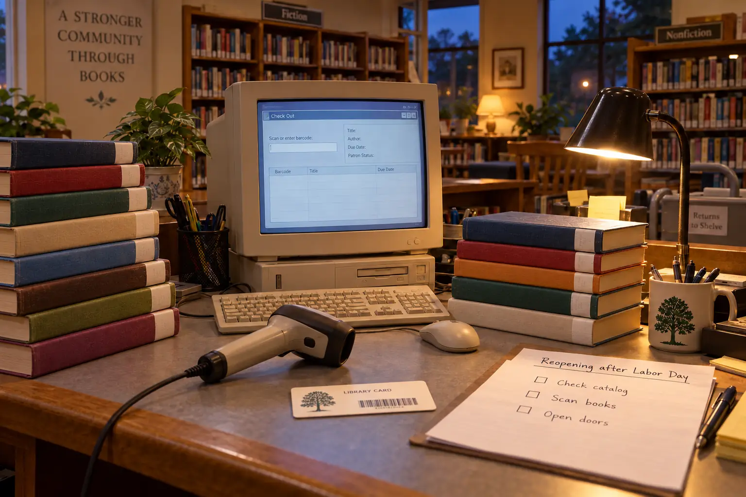 Fictional 2006 library return desk with a card scanner, beige computer, books and transition checklist