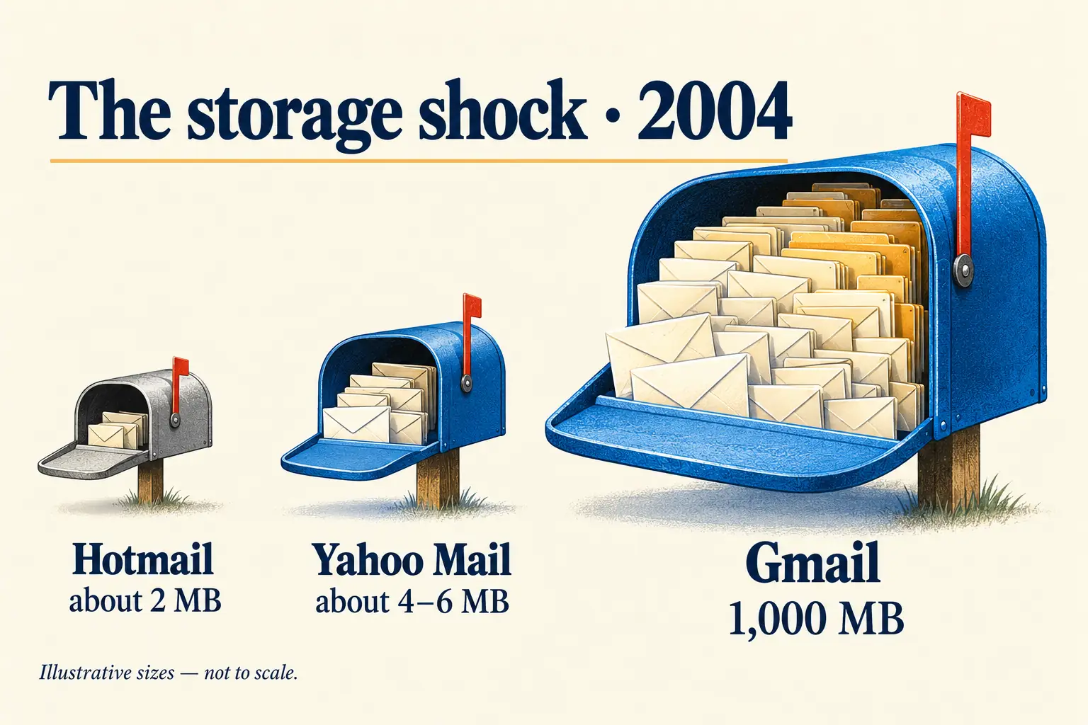 Illustrated 2004 mailboxes showing how much larger Gmail's allowance was