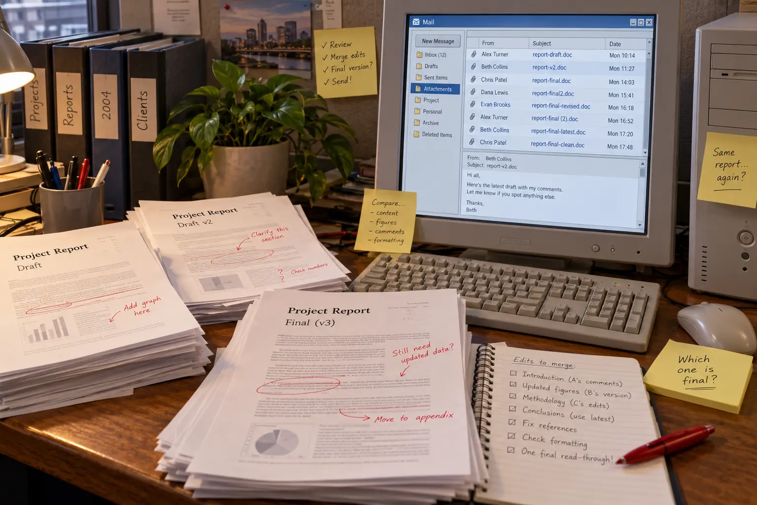A cluttered early-2000s office desk with several printed report drafts and a fictional email attachment list