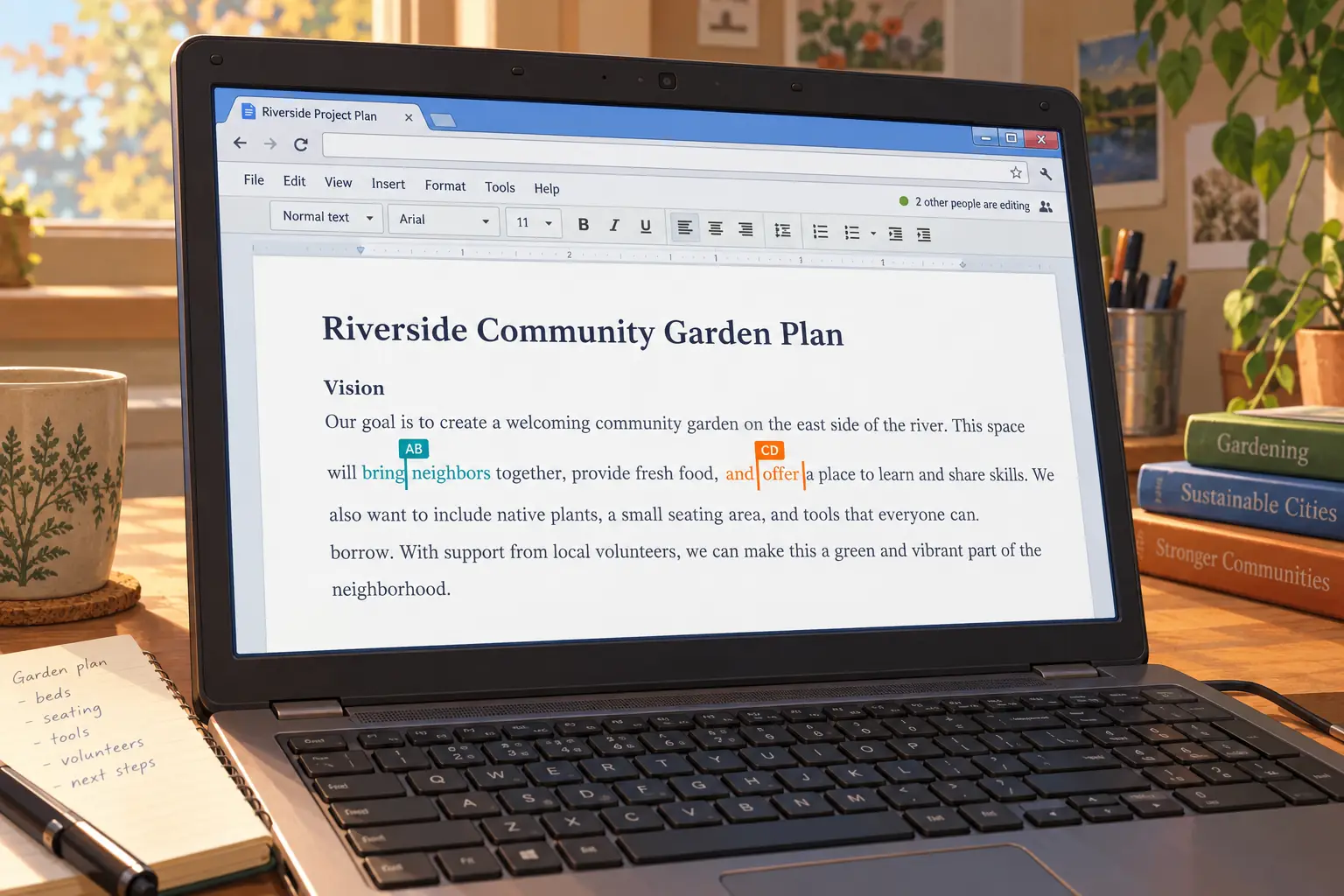 An invented 2010-style browser document with two colored collaborator cursors on one page