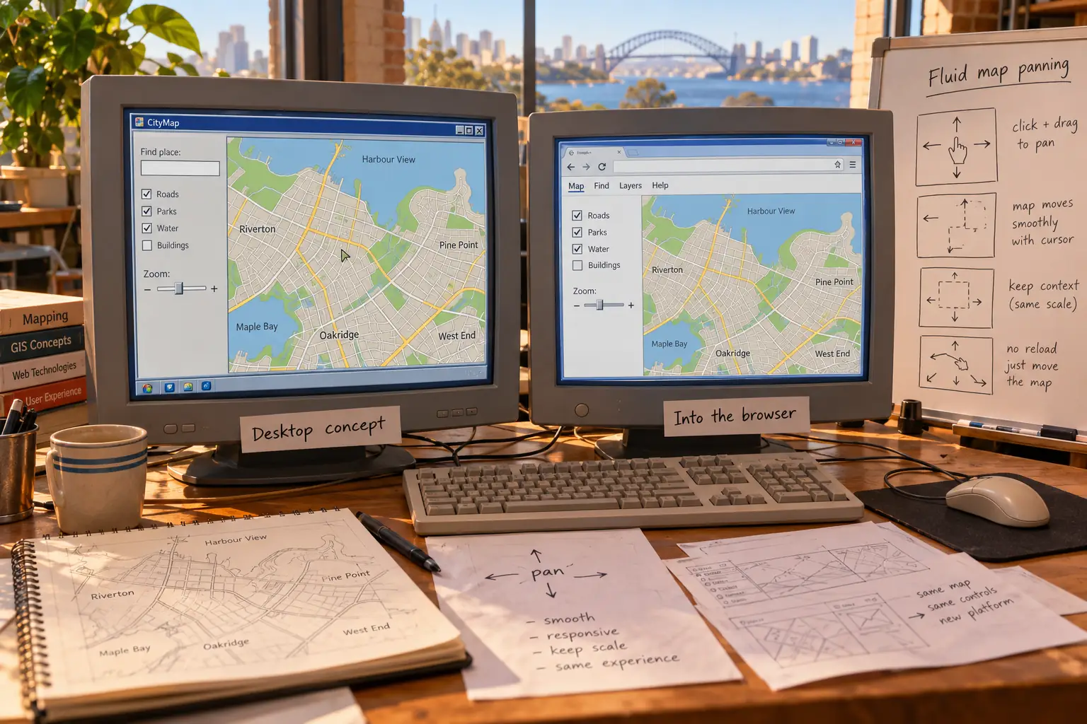 Illustrated Windows mapping program on an early-2000s monitor beside a simpler browser map