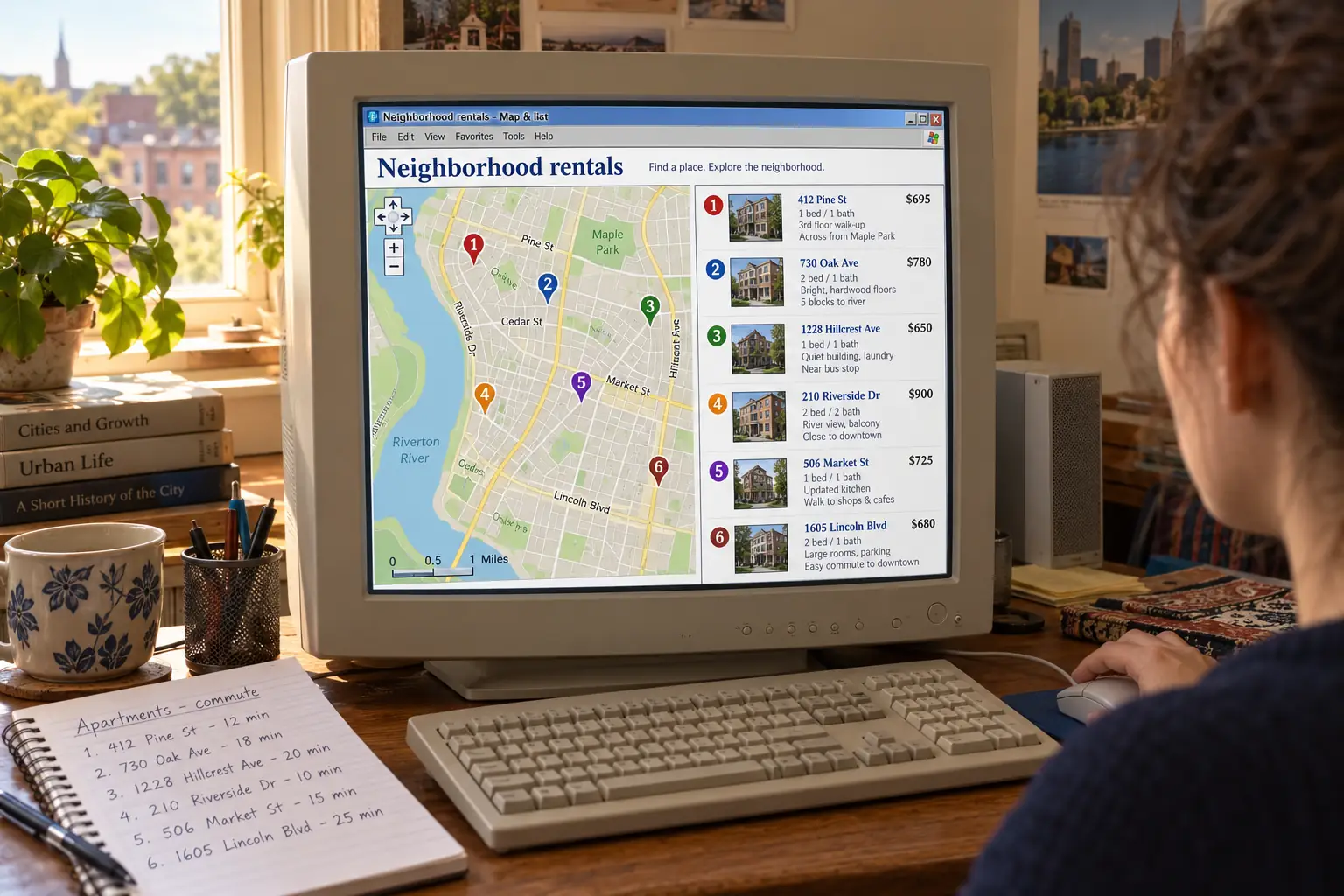 Fictional 2005 browser map with apartment pins beside a list of rental notices