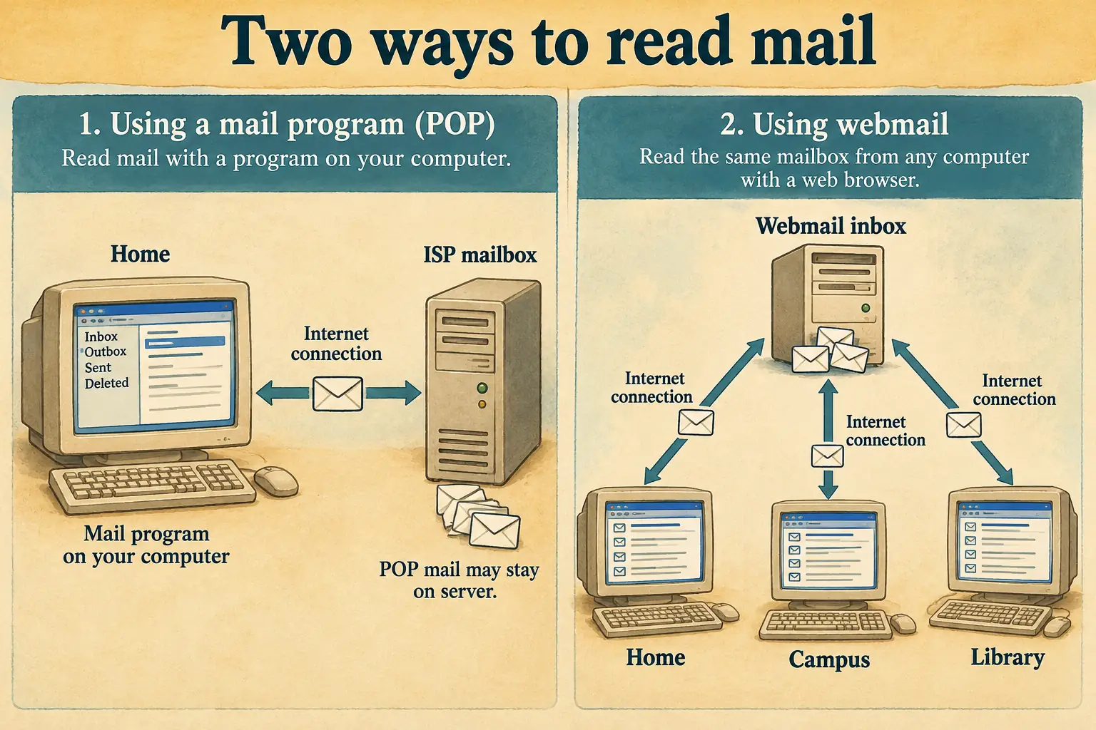 Diagram contrasting an ISP mailbox tied to a home computer with webmail reachable from several connected computers