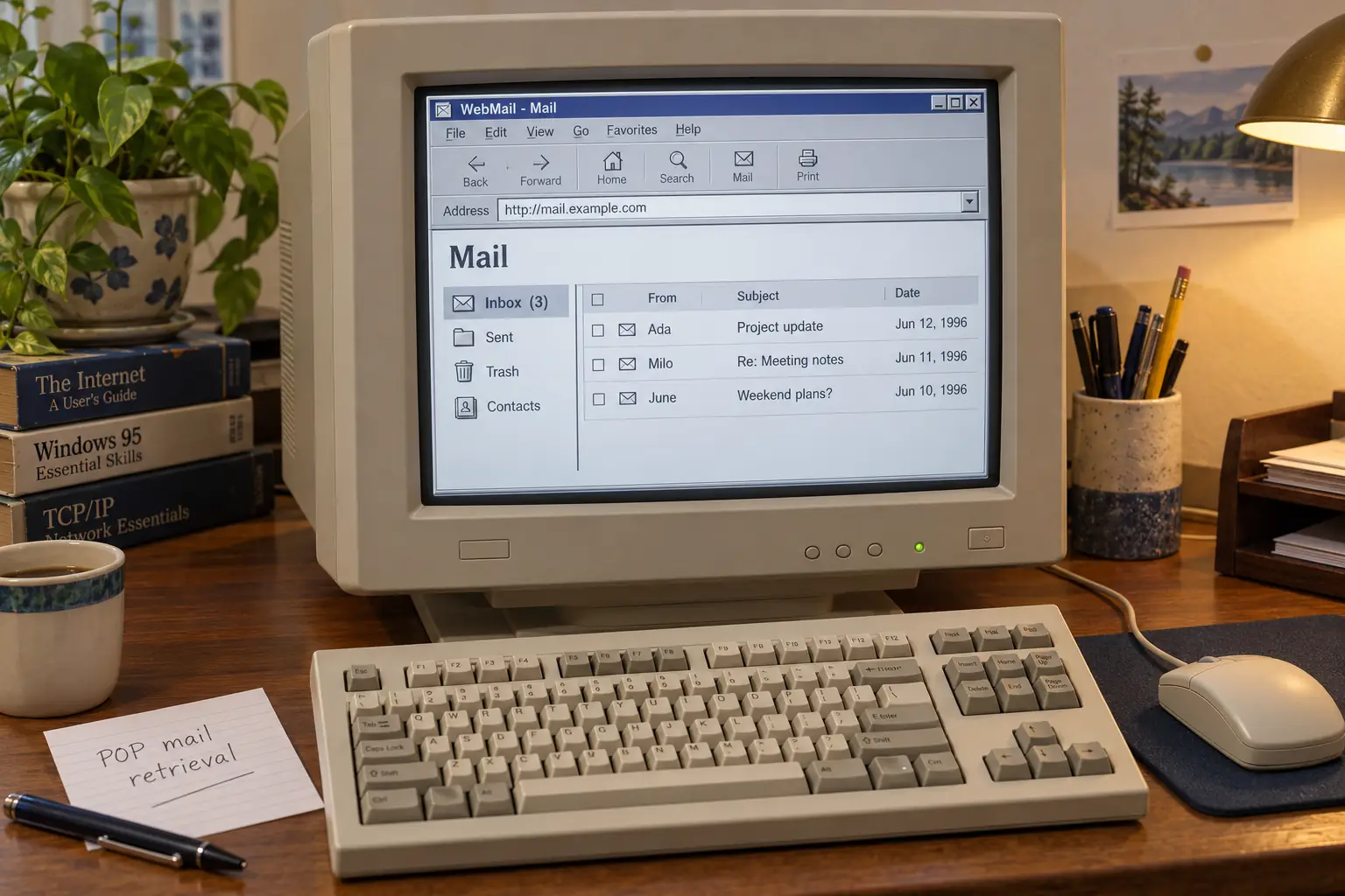 Invented 1996 browser-based email layout with message list, folders, and an address book