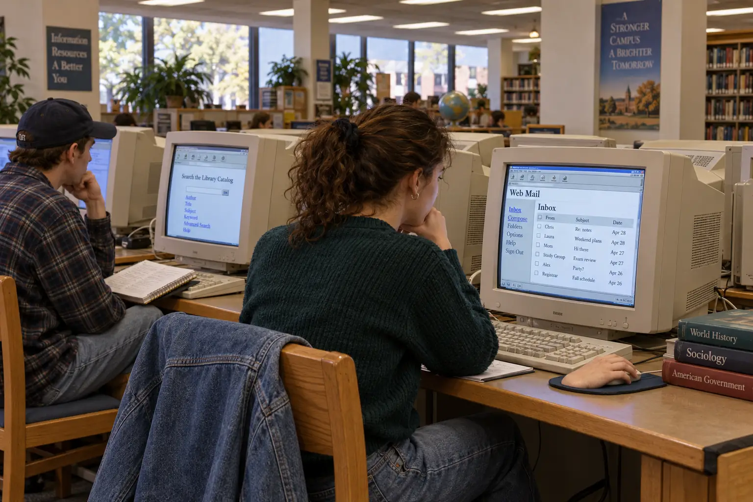 Mid-1990s public computer room with a visitor signing into a fictional webmail page