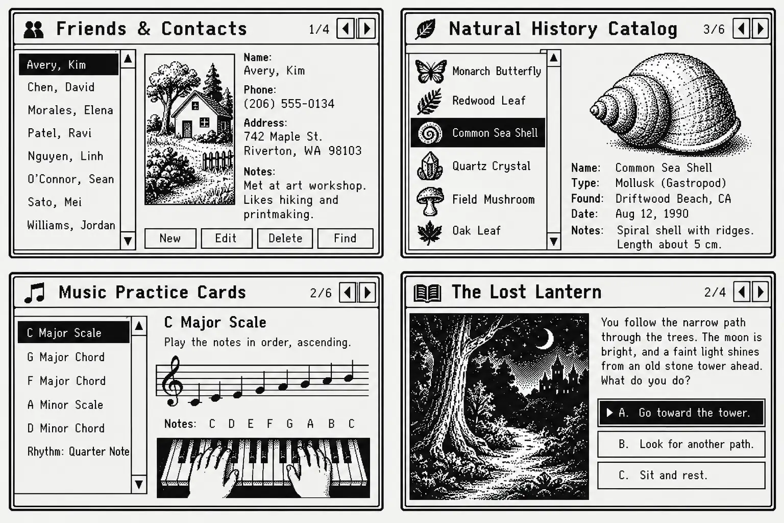Four fictional monochrome cards for contacts, a science catalog, music lessons, and a branching story