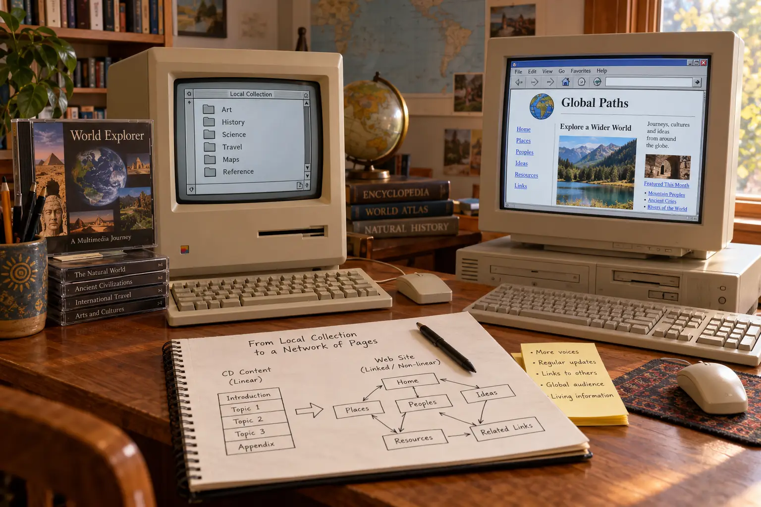 Late-1990s Macintosh desk with fictional card software beside signs of CD-ROMs and a growing web