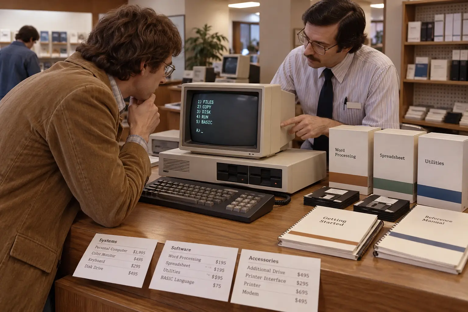 Early-1980s computer sales counter with a beige desktop PC, monitor, manuals, and boxed disks