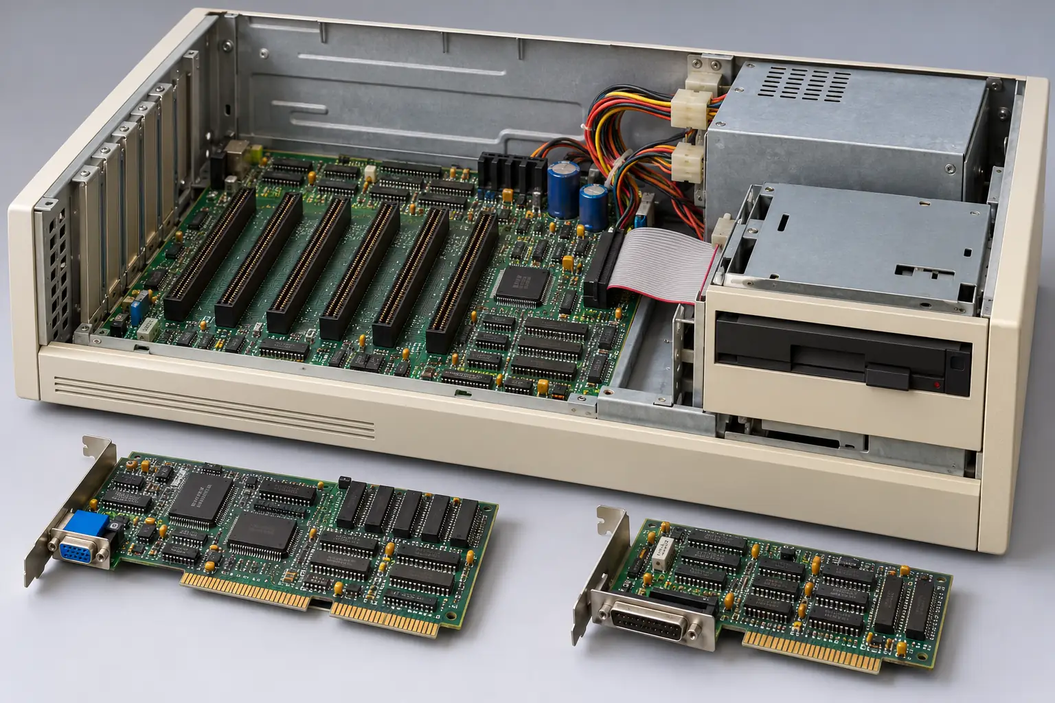 Illustrated early PC case opened to show a motherboard with five long expansion slots and removable add-on cards