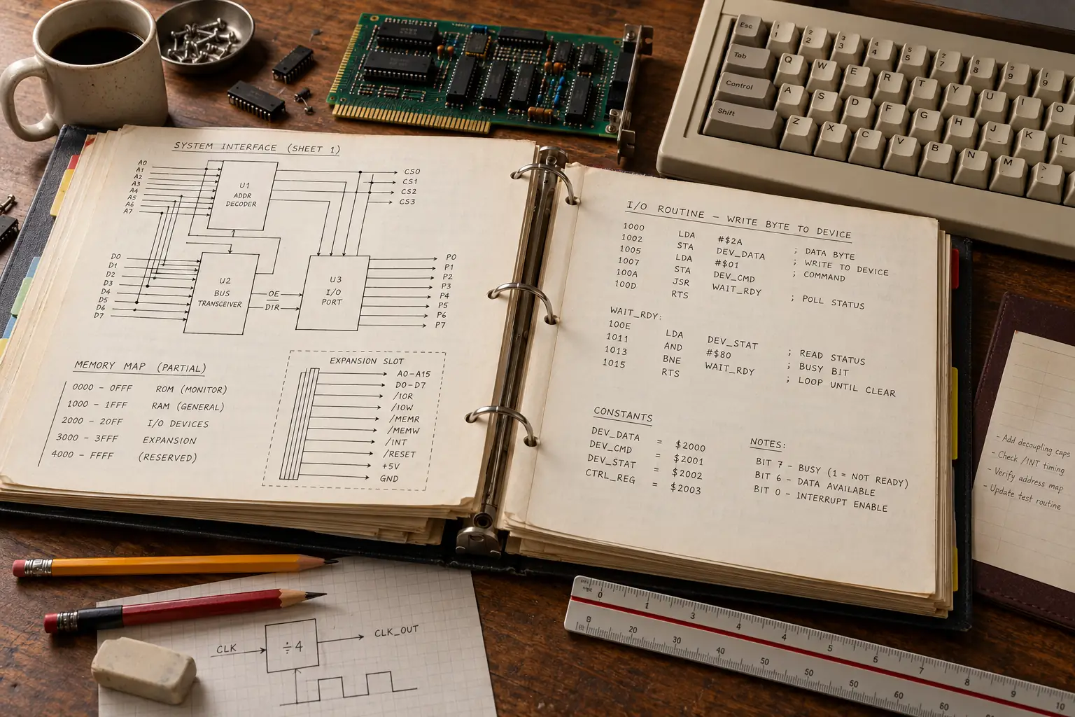 Open ring binders of fictional 1980s hardware diagrams beside a beige keyboard and circuit board