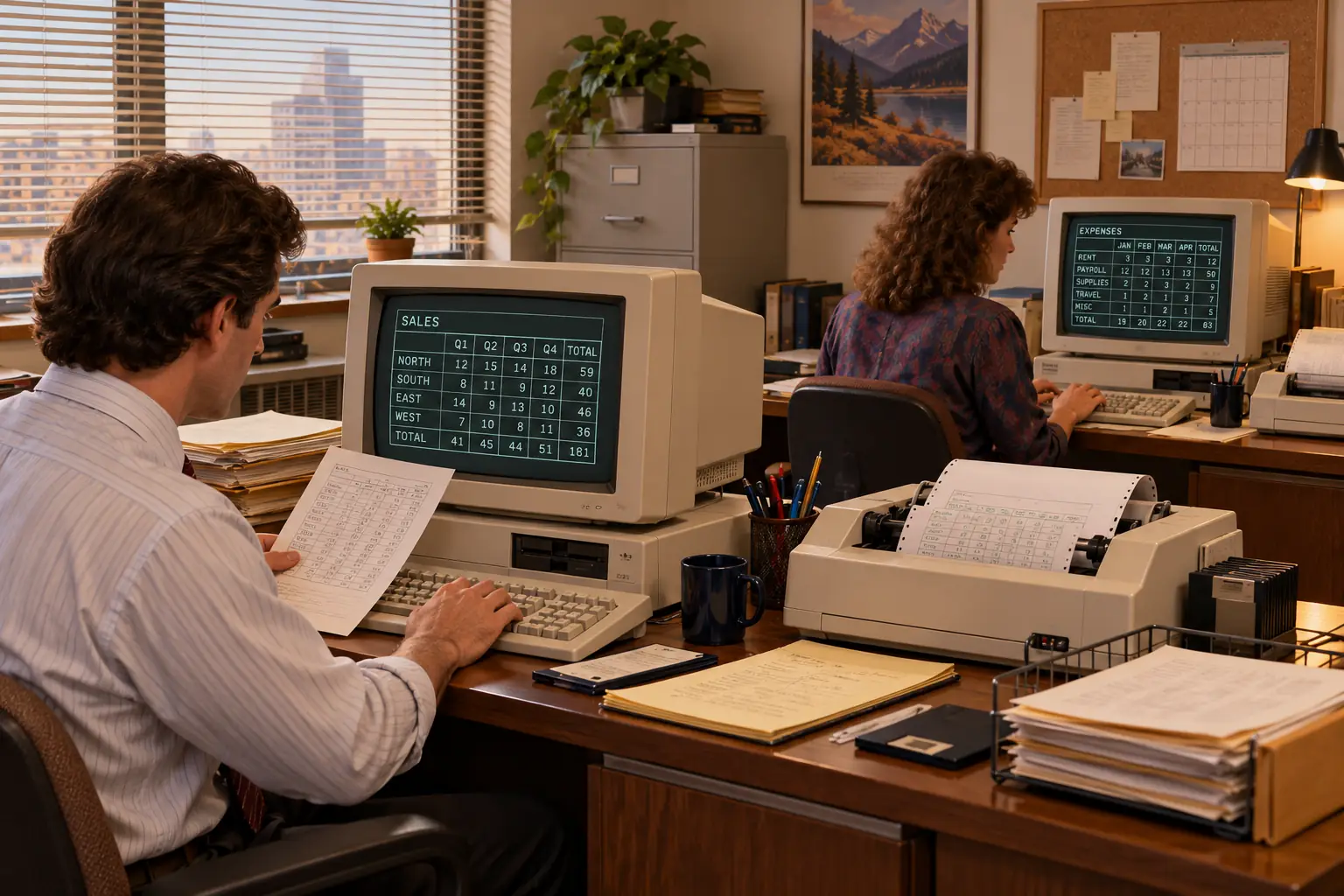 Two distinct early-1980s desktop PCs with fictional matching spreadsheet screens in a small business office