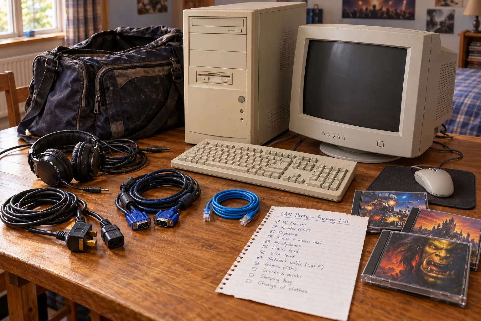 CRT monitor, desktop tower, Ethernet cable, keyboard, mouse and game discs packed for a 2002 LAN party