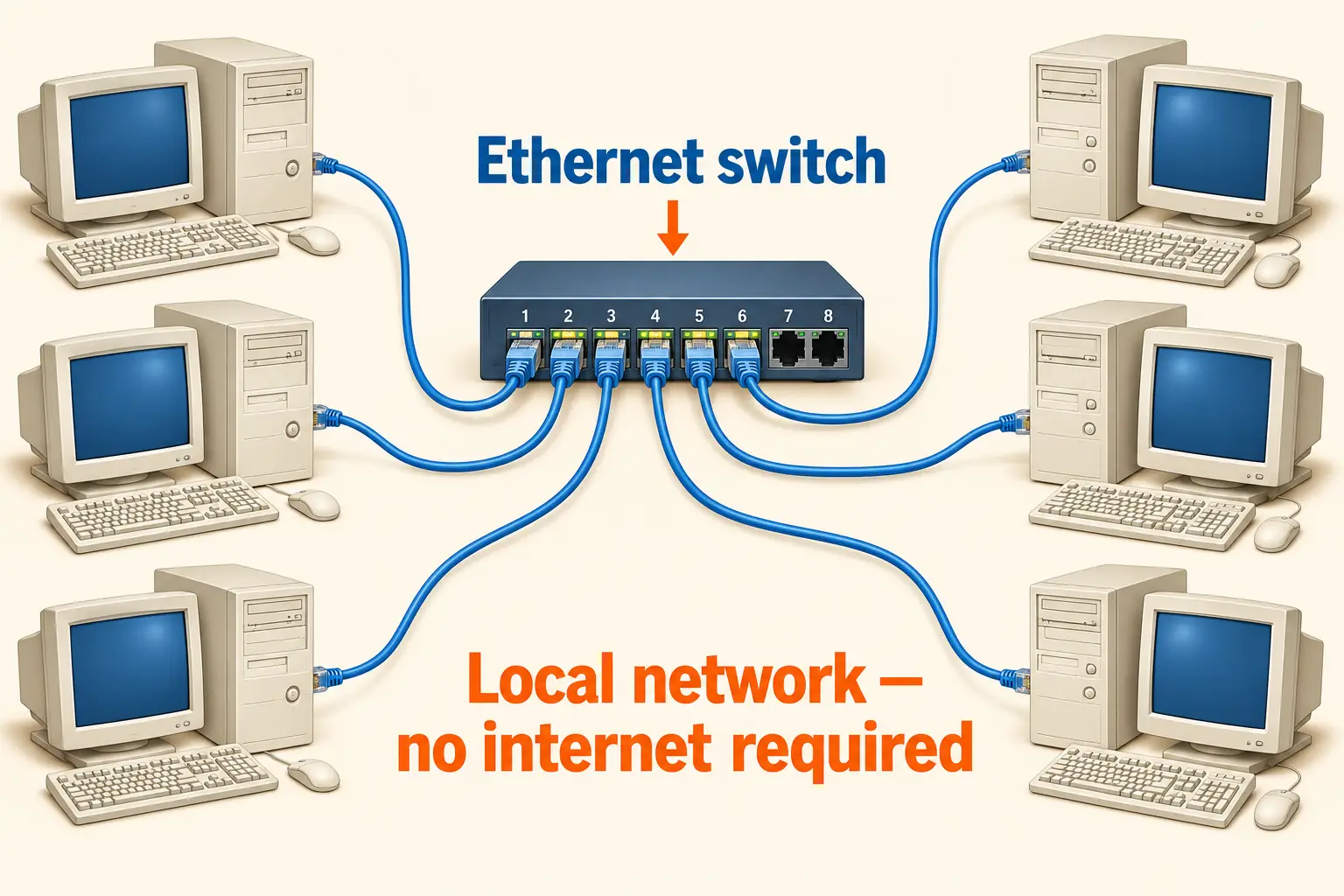 Simple diagram showing six early-2000s computers connected by Ethernet cables to one network switch