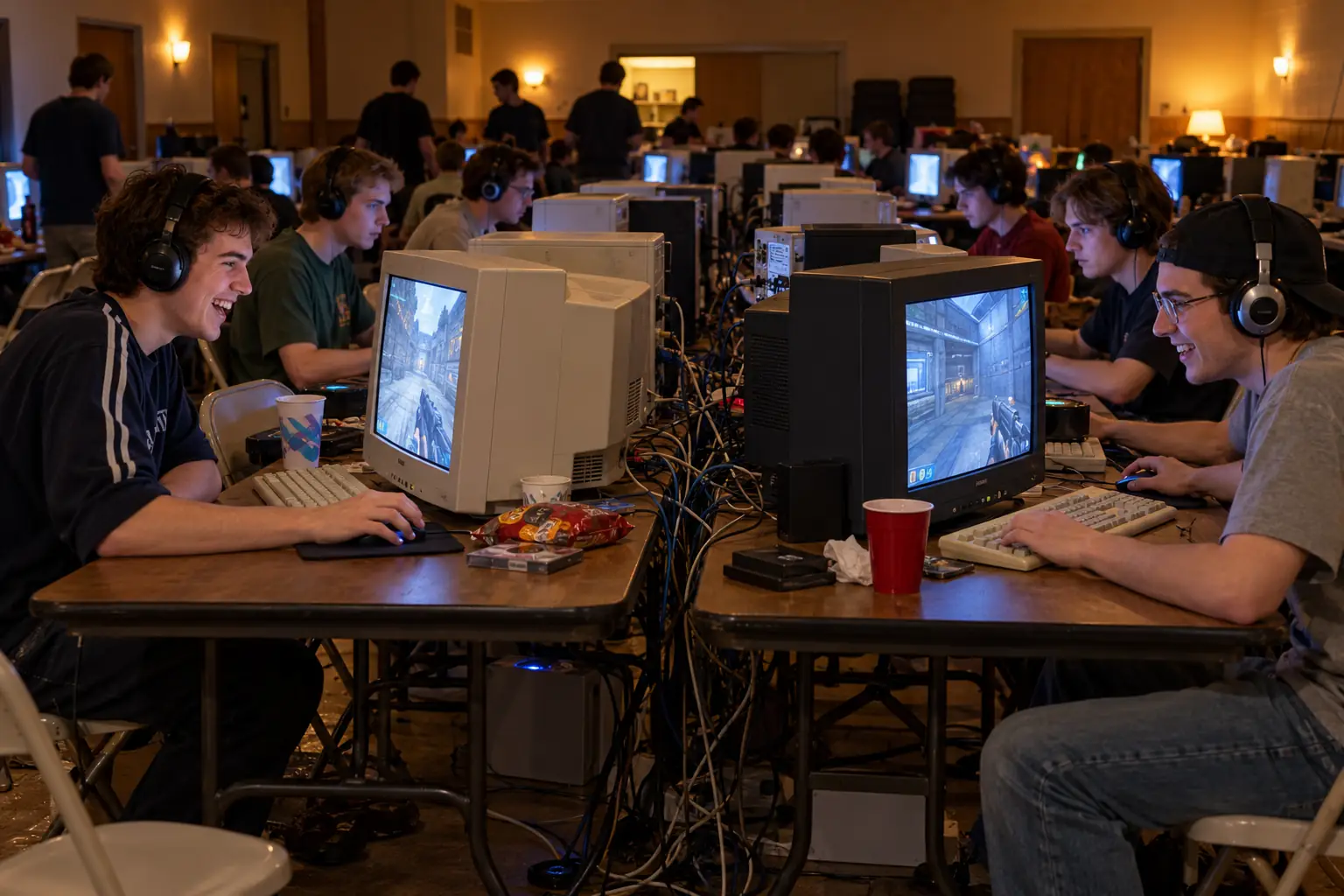Two rows of early-2000s PC gamers at CRT monitors with Ethernet cables beneath the tables