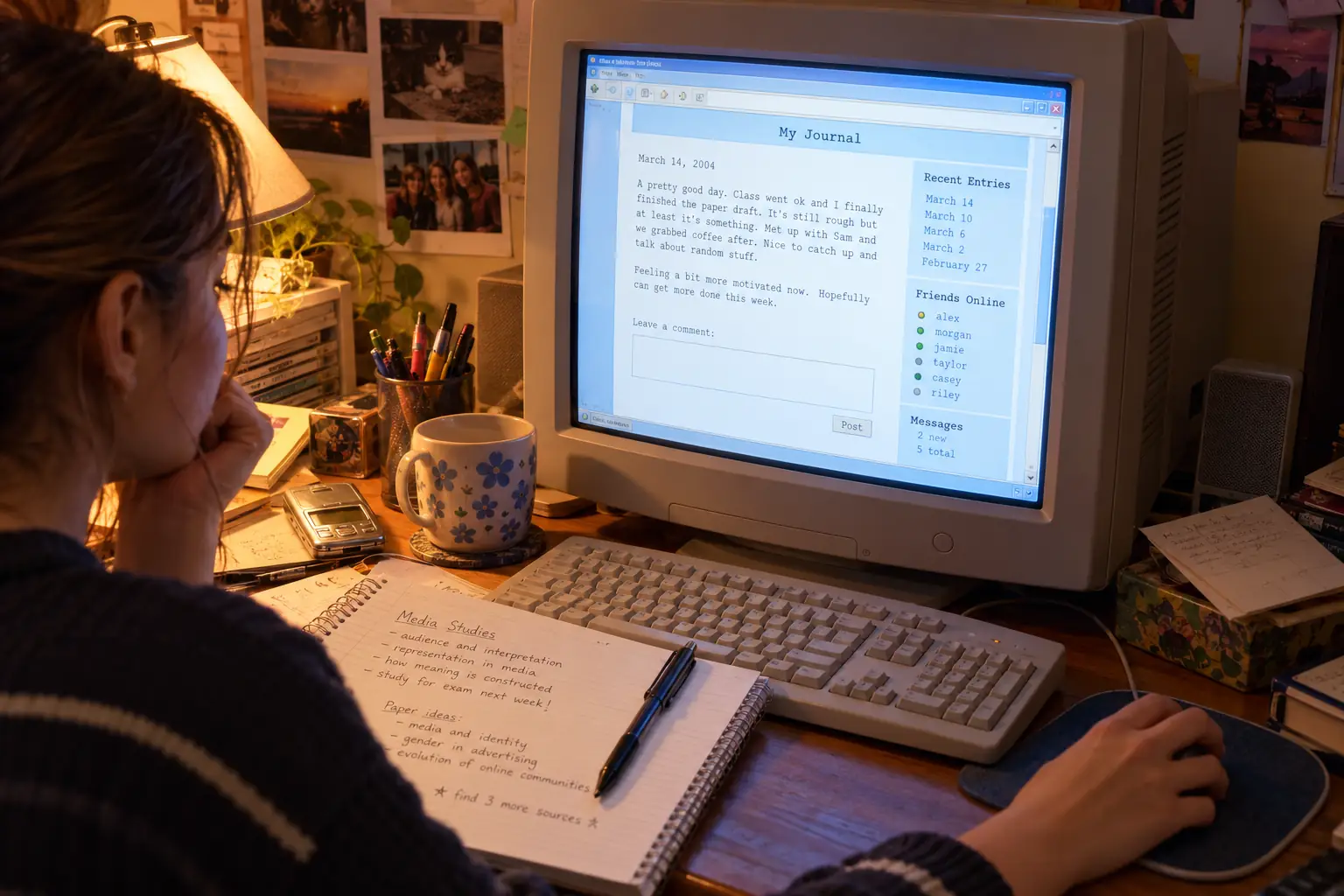A 2004 home computer beside handwritten notes and a fictional online journal entry