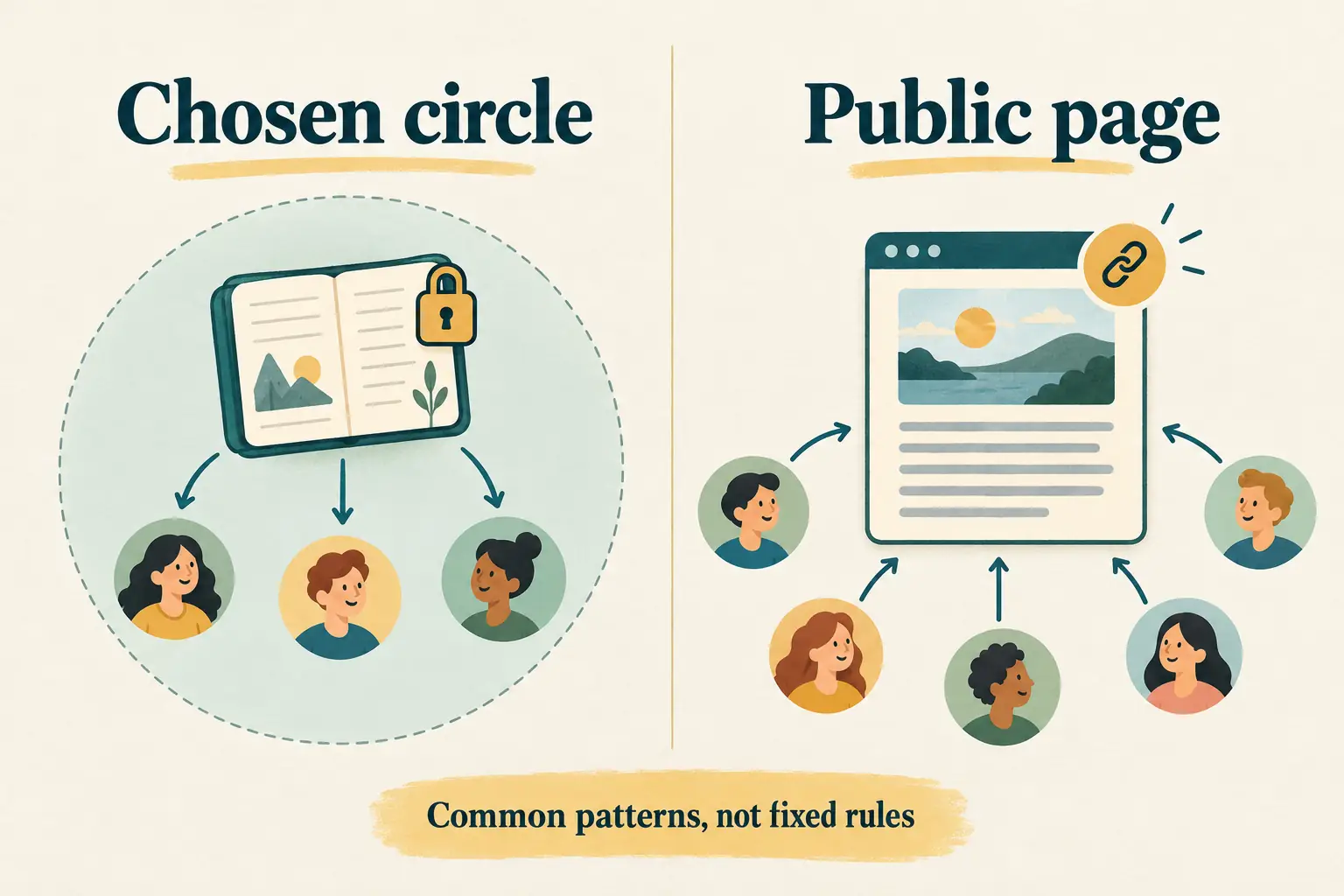 Side-by-side diagram of a journal shared with chosen friends and a public blog reached through links